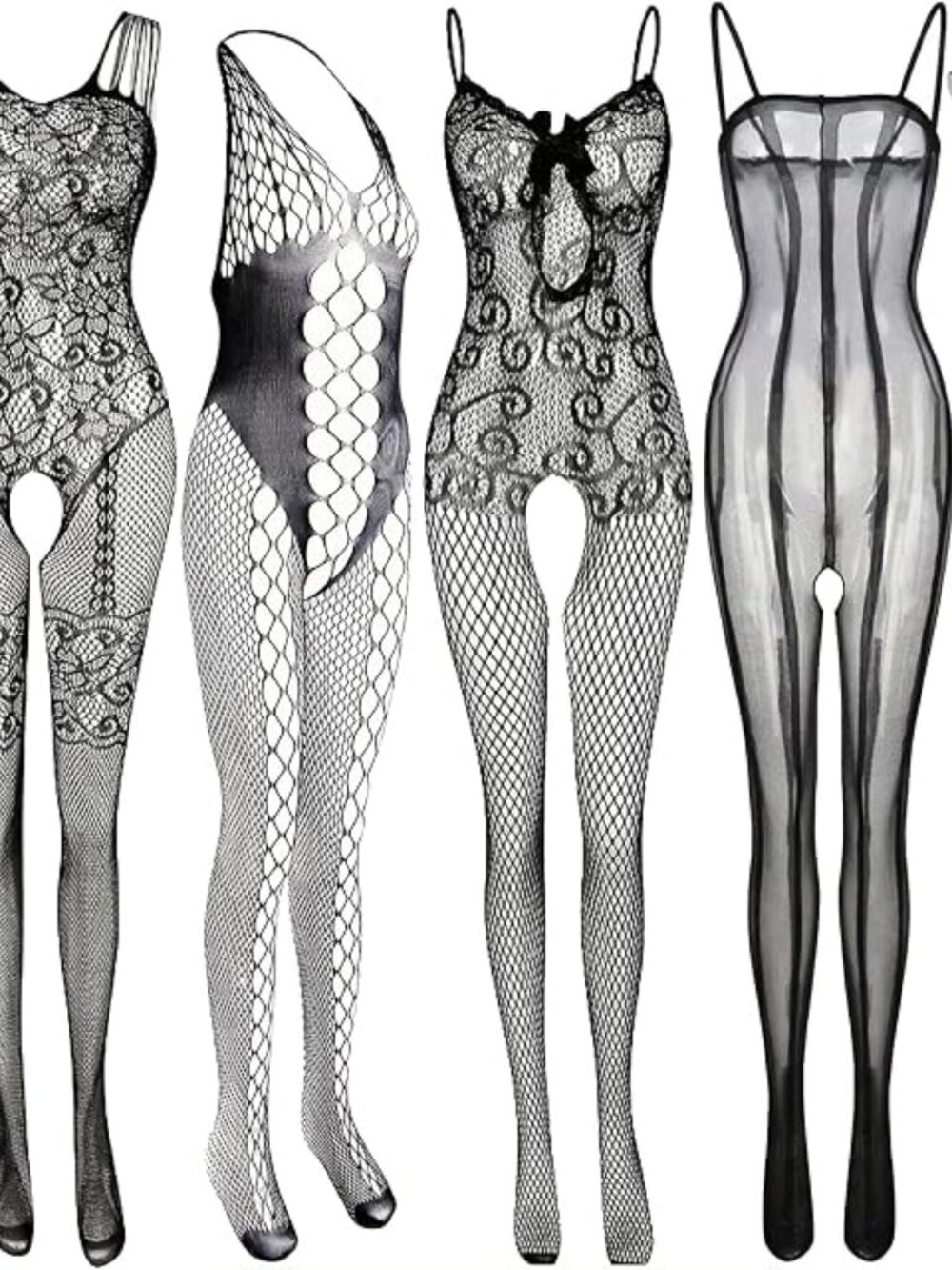 6-piece set -Mesh women's fishnet pajama-style one-piece dress - Mesh body suit